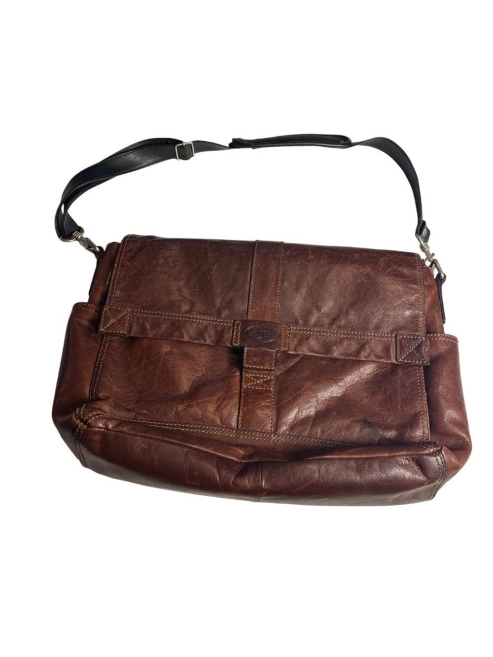 VTG Fossil  Distressed Brown Leather Messenger Bag Adj. Strap & Silver hardwear